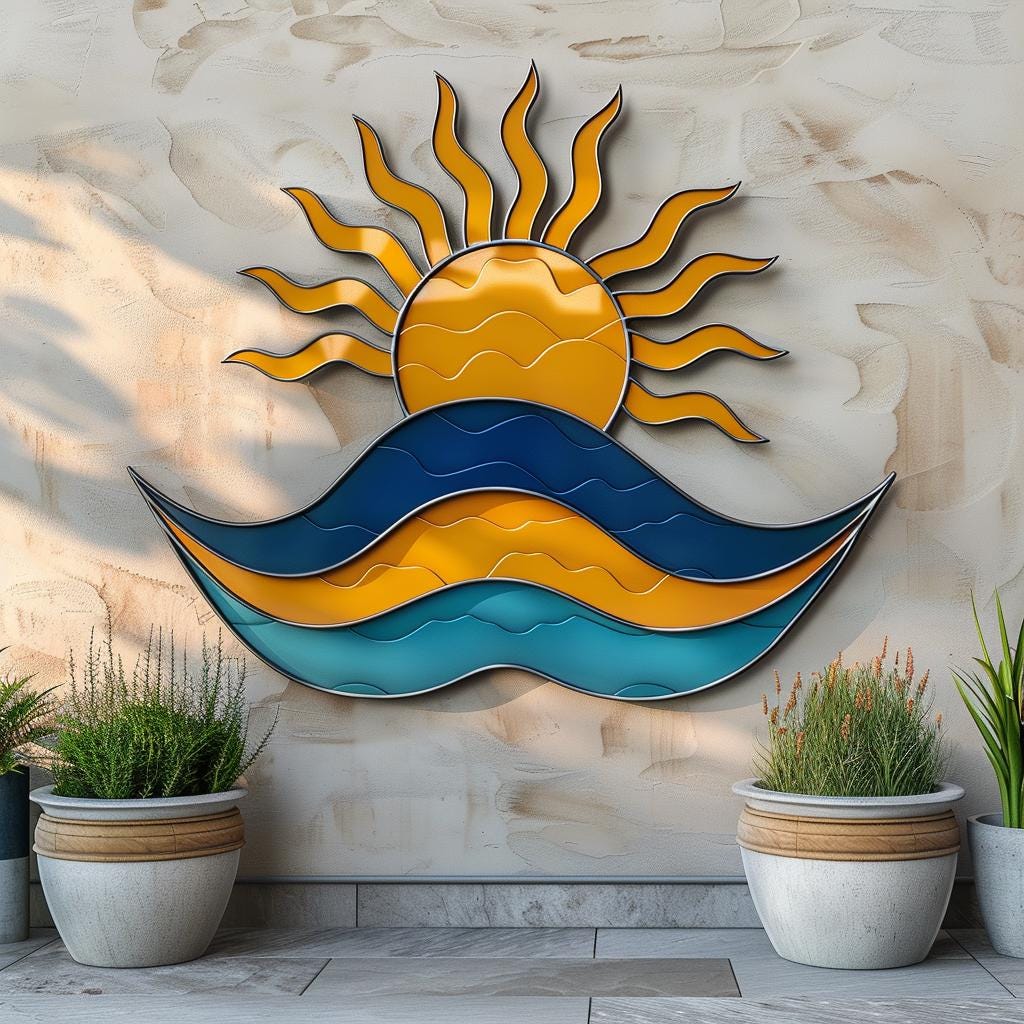 UV Printed Aluminum Sunburst Wave Metal Wall Art, Coastal Ocean, Beach House Patio Sign