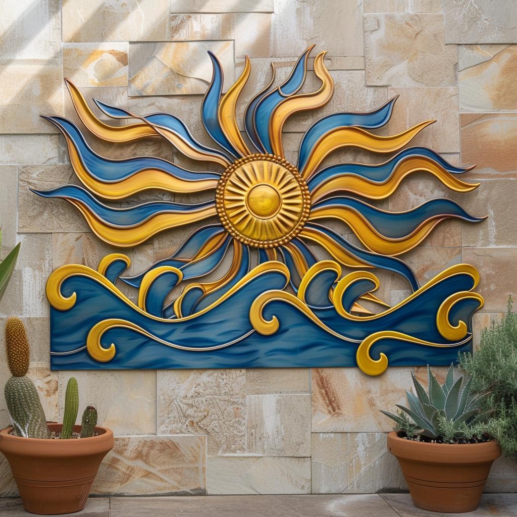 UV Printed Aluminum Sunburst Wave Metal Wall Art, Coastal Ocean, Beach House Patio Sign