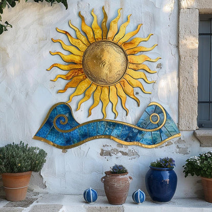 UV Printed Aluminum Sunburst Wave Metal Wall Art, Coastal Ocean, Beach House Patio Sign