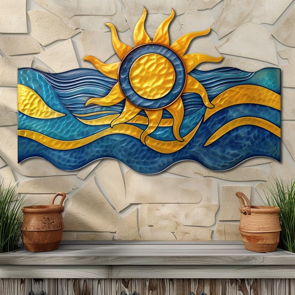 UV Printed Aluminum Sunburst Wave Metal Wall Art, Coastal Ocean, Beach House Patio Sign
