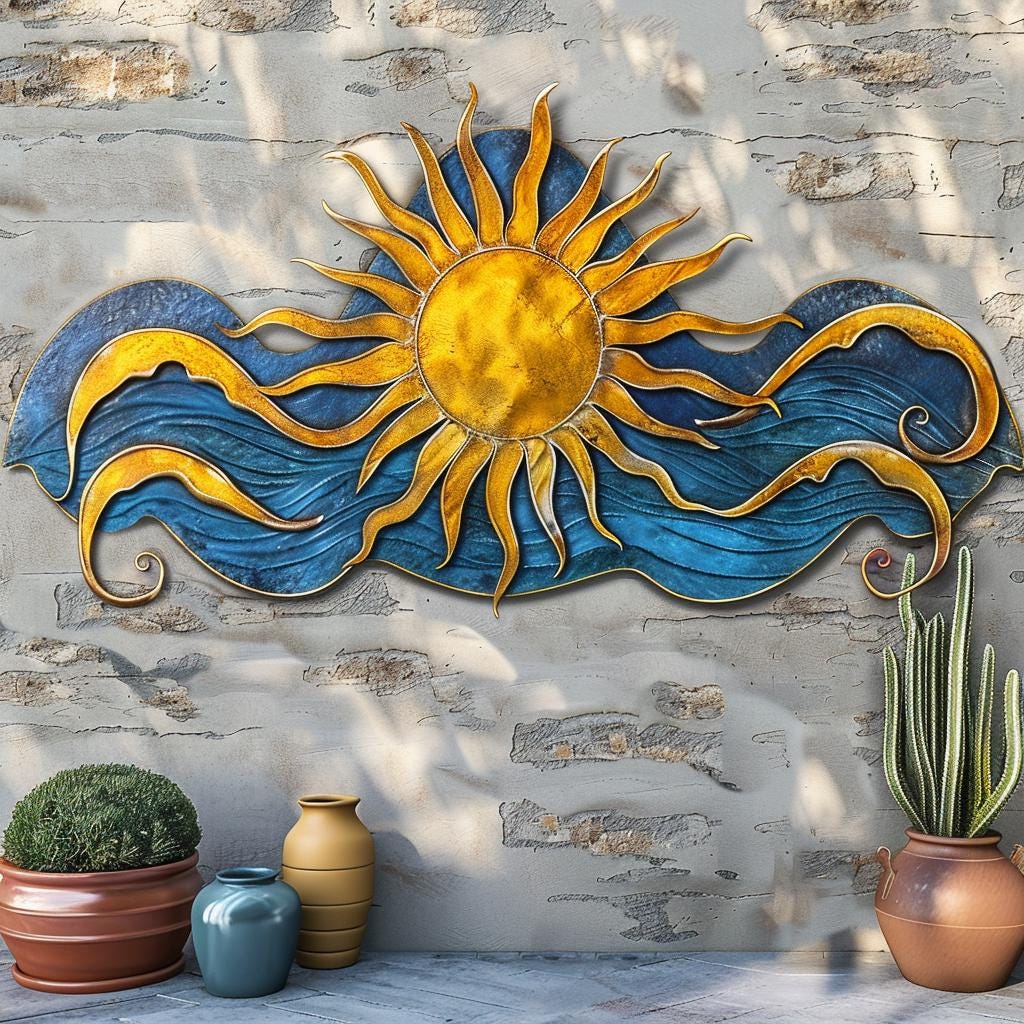 UV Printed Aluminum Sunburst Wave Metal Wall Art, Coastal Ocean, Beach House Patio Sign