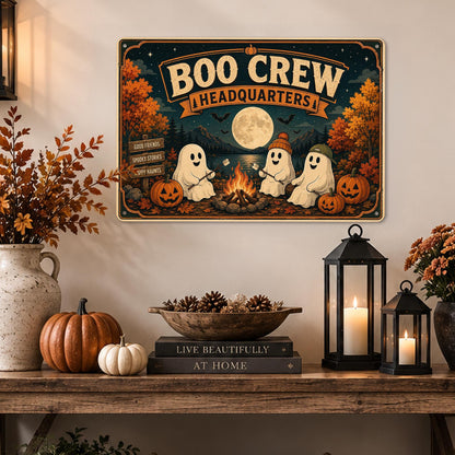 Boo Crew Headquarters Metal Sign, Ghost Campfire, Halloween Decor, Halloween Signs, Ghost Wall Decor, Spooky Campfire, Ghost Decor, Boo Crew