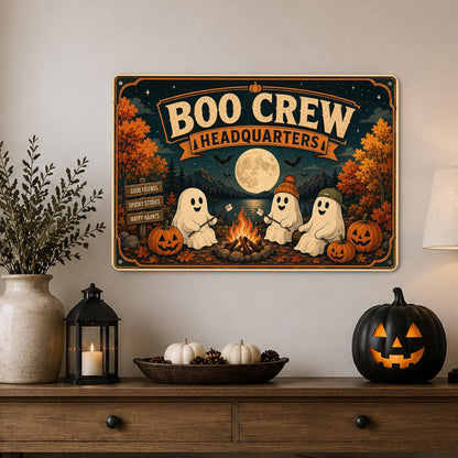Boo Crew Headquarters Metal Sign, Ghost Campfire, Halloween Decor, Halloween Signs, Ghost Wall Decor, Spooky Campfire, Ghost Decor, Boo Crew