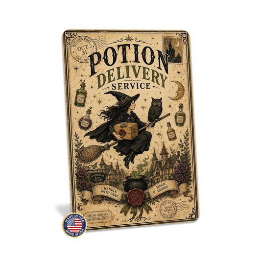 Potion Delivery Service Metal Sign, Witch Decor, Witch Wall Art, Halloween Sign, Halloween Decor, Witchy Decor, Spooky Decor, Flying Witch