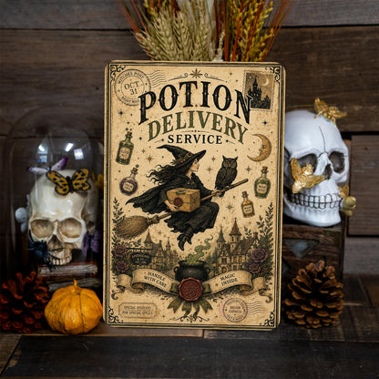 Potion Delivery Service Metal Sign, Witch Decor, Witch Wall Art, Halloween Sign, Halloween Decor, Witchy Decor, Spooky Decor, Flying Witch