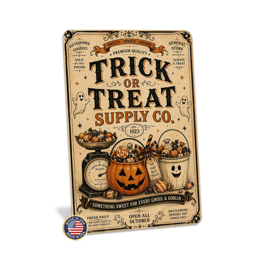 Trick or Treat Supply Co Metal Sign, Trick OR Treat, Halloween Decor, Vintage Halloween, Candy Shop Decor, Pumpkin Decor, Ghost Decor, Cute