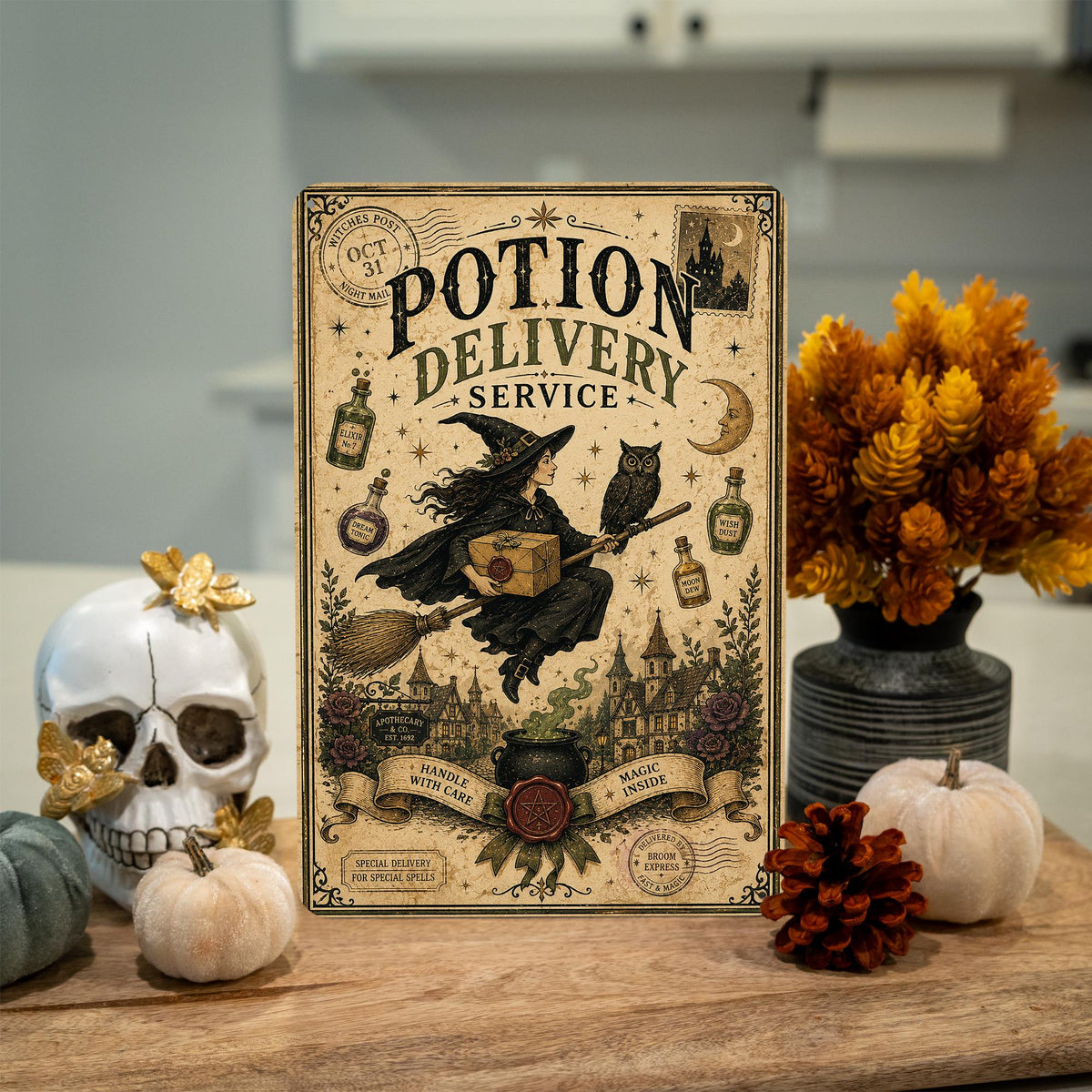 Potion Delivery Service Metal Sign, Witch Decor, Witch Wall Art, Halloween Sign, Halloween Decor, Witchy Decor, Spooky Decor, Flying Witch