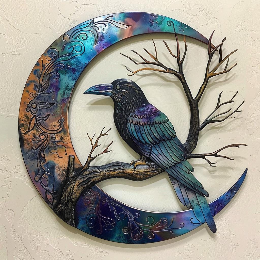 Crescent Moon Raven Metal Wall Art, UV Printed Aluminum, Celestial Gothic Decor