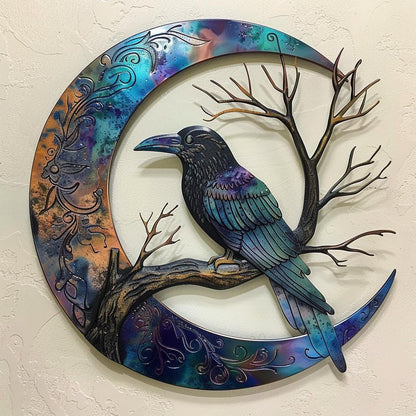 Crescent Moon Raven Metal Wall Art, UV Printed Aluminum, Celestial Gothic Decor