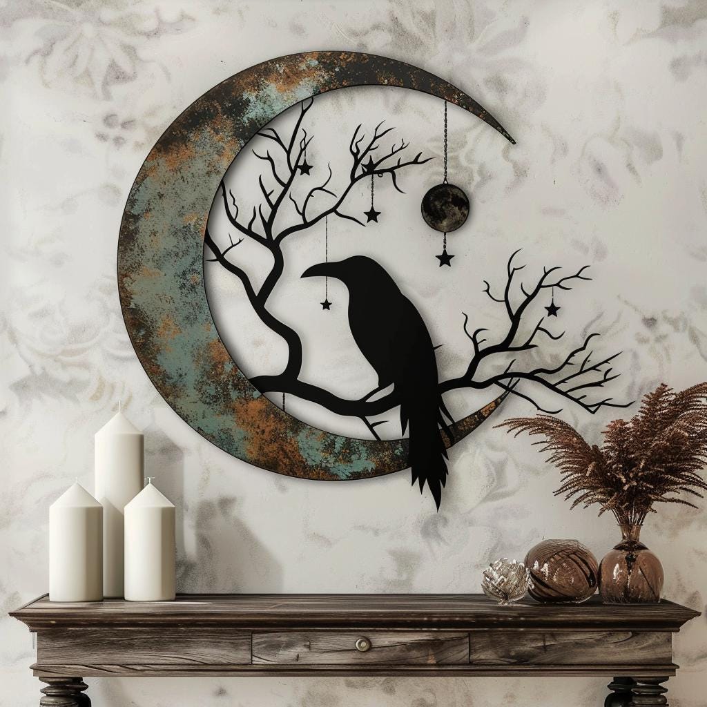 Crescent Moon Raven Metal Wall Art, UV Printed Aluminum, Celestial Gothic Decor