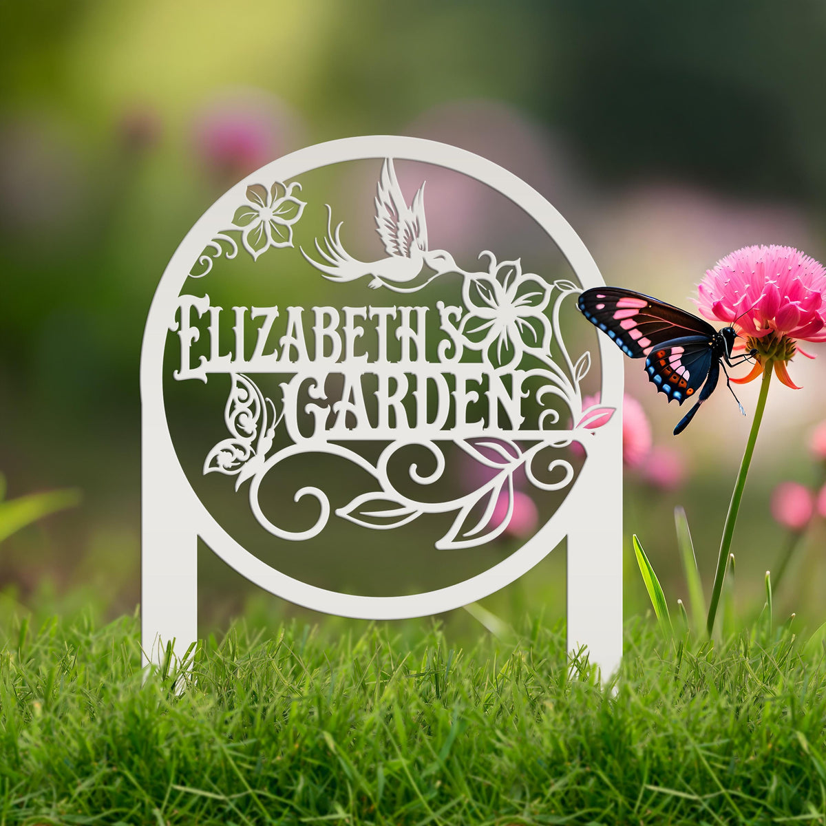 Metal Garden Sign - Custom Yard Sign with Hummingbird and Butterfly Scene - Personalized Gift for Nature Lovers