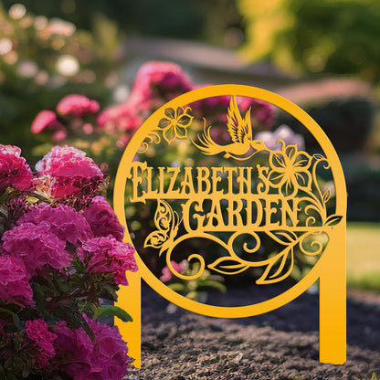 Metal Garden Sign - Custom Yard Sign with Hummingbird and Butterfly Scene - Personalized Gift for Nature Lovers