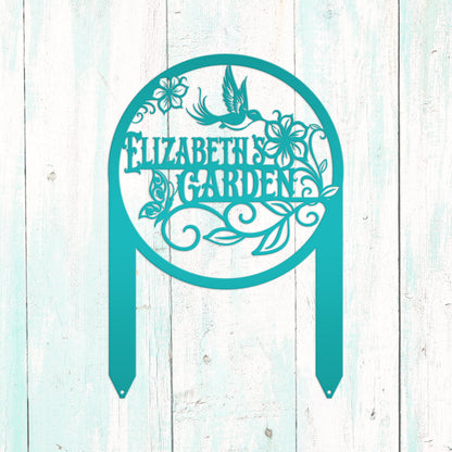 Metal Garden Sign - Custom Yard Sign with Hummingbird and Butterfly Scene - Personalized Gift for Nature Lovers