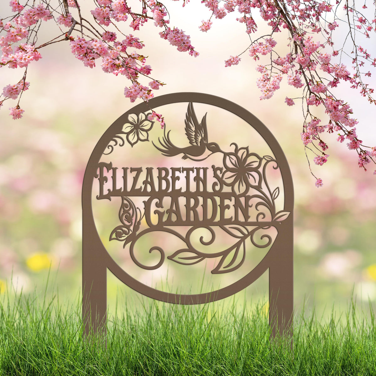 Metal Garden Sign - Custom Yard Sign with Hummingbird and Butterfly Scene - Personalized Gift for Nature Lovers