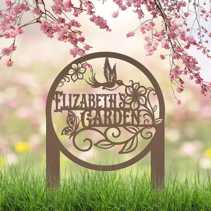 Metal Garden Sign - Custom Yard Sign with Hummingbird and Butterfly Scene - Personalized Gift for Nature Lovers