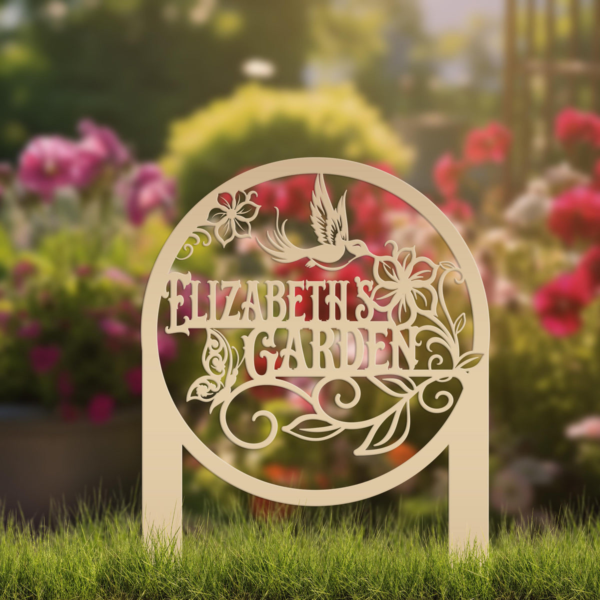 Metal Garden Sign - Custom Yard Sign with Hummingbird and Butterfly Scene - Personalized Gift for Nature Lovers