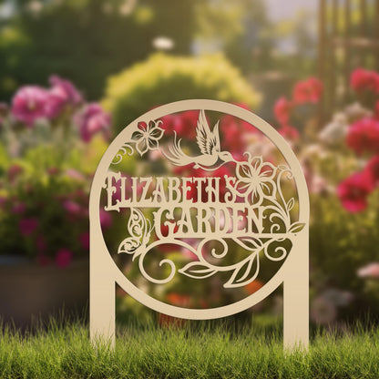 Metal Garden Sign - Custom Yard Sign with Hummingbird and Butterfly Scene - Personalized Gift for Nature Lovers