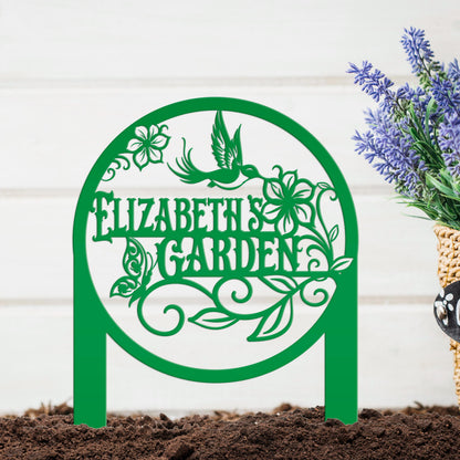 Metal Garden Sign - Custom Yard Sign with Hummingbird and Butterfly Scene - Personalized Gift for Nature Lovers