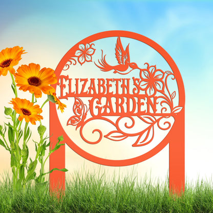 Metal Garden Sign - Custom Yard Sign with Hummingbird and Butterfly Scene - Personalized Gift for Nature Lovers