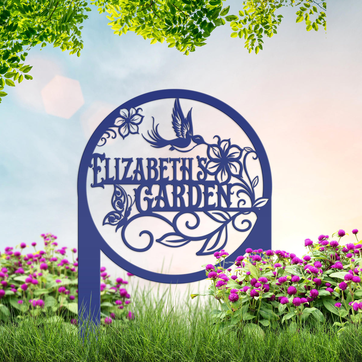 Metal Garden Sign - Custom Yard Sign with Hummingbird and Butterfly Scene - Personalized Gift for Nature Lovers