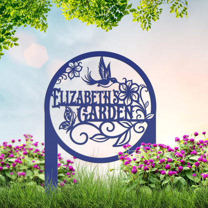 Metal Garden Sign - Custom Yard Sign with Hummingbird and Butterfly Scene - Personalized Gift for Nature Lovers