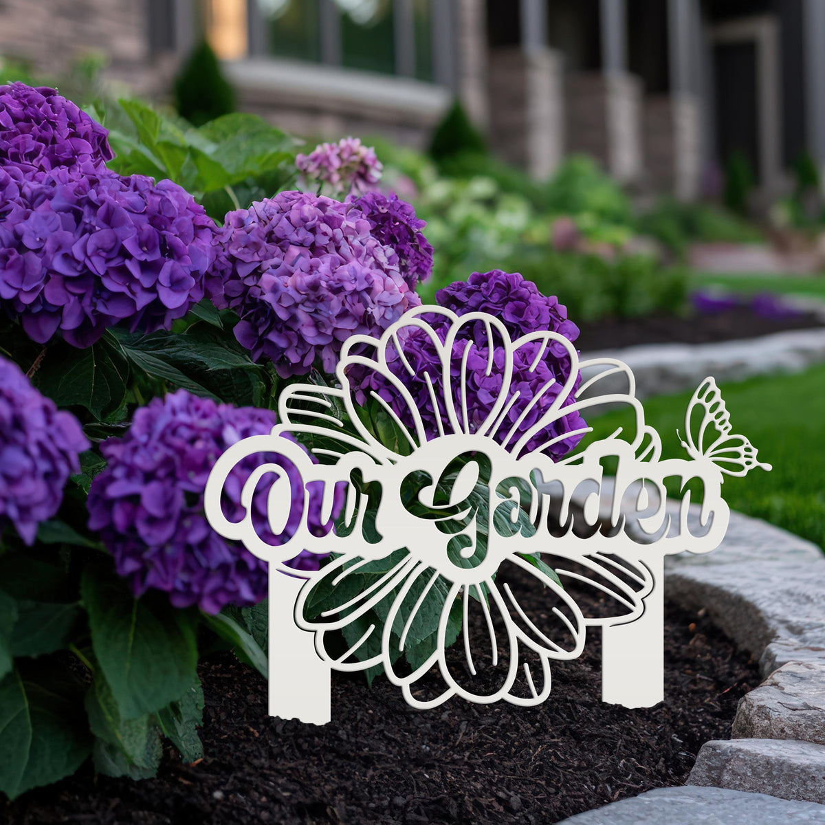 Custom Flower Yard Stake with Name- Personalized Flower and Butterfly Sign