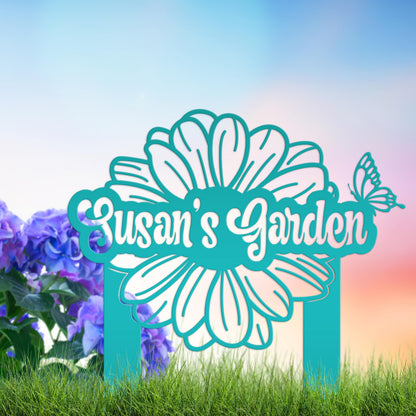 Custom Flower Yard Stake with Name- Personalized Flower and Butterfly Sign