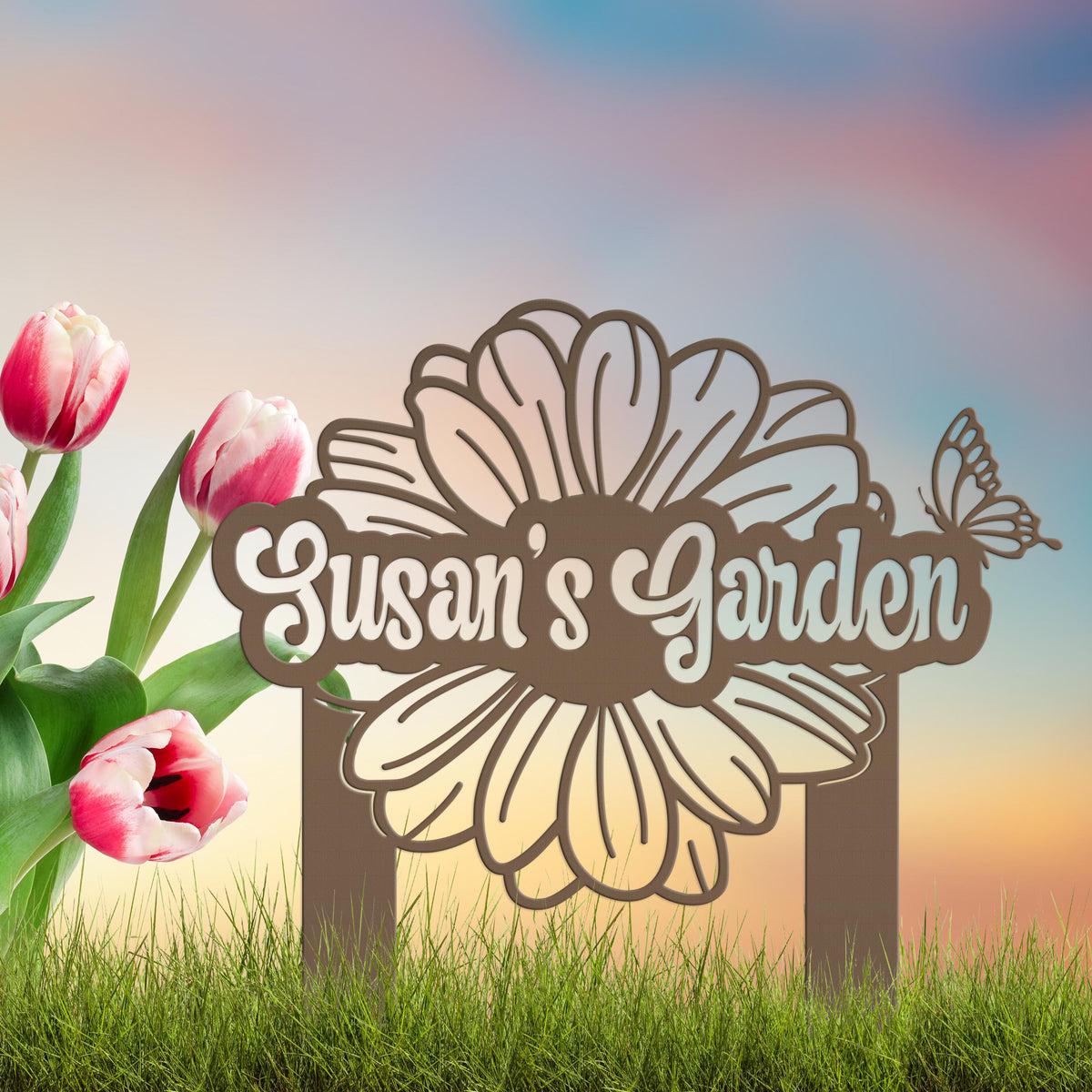 Custom Flower Yard Stake with Name- Personalized Flower and Butterfly Sign