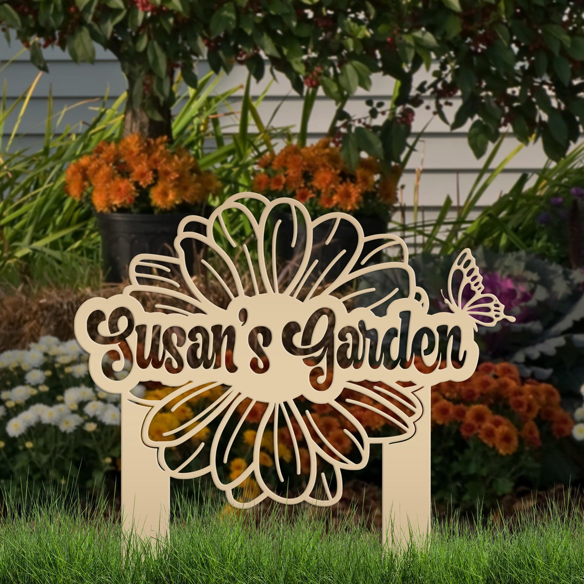 Custom Flower Yard Stake with Name- Personalized Flower and Butterfly Sign