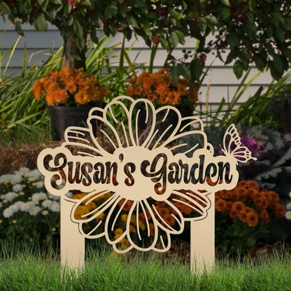 Custom Flower Yard Stake with Name- Personalized Flower and Butterfly Sign
