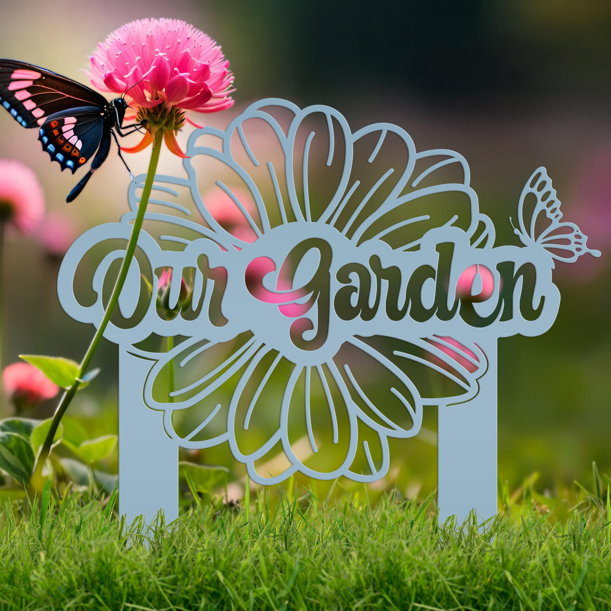 Custom Flower Yard Stake with Name- Personalized Flower and Butterfly Sign