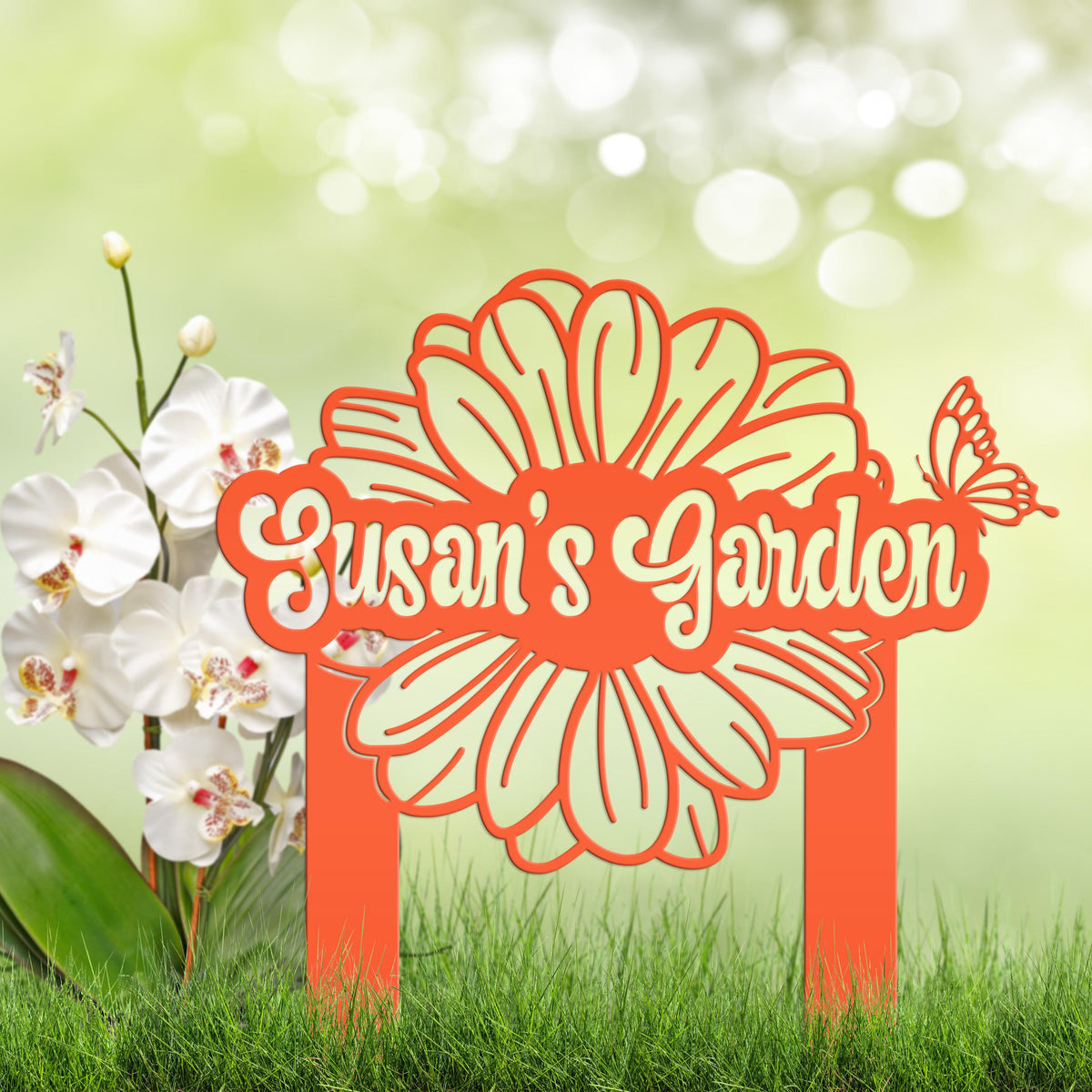 Custom Flower Yard Stake with Name- Personalized Flower and Butterfly Sign