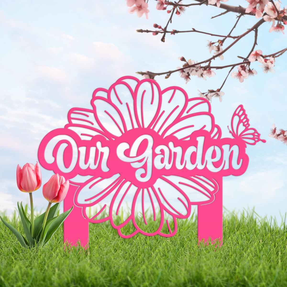Custom Flower Yard Stake with Name- Personalized Flower and Butterfly Sign