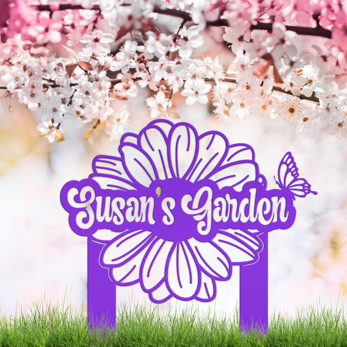 Custom Flower Yard Stake with Name- Personalized Flower and Butterfly Sign