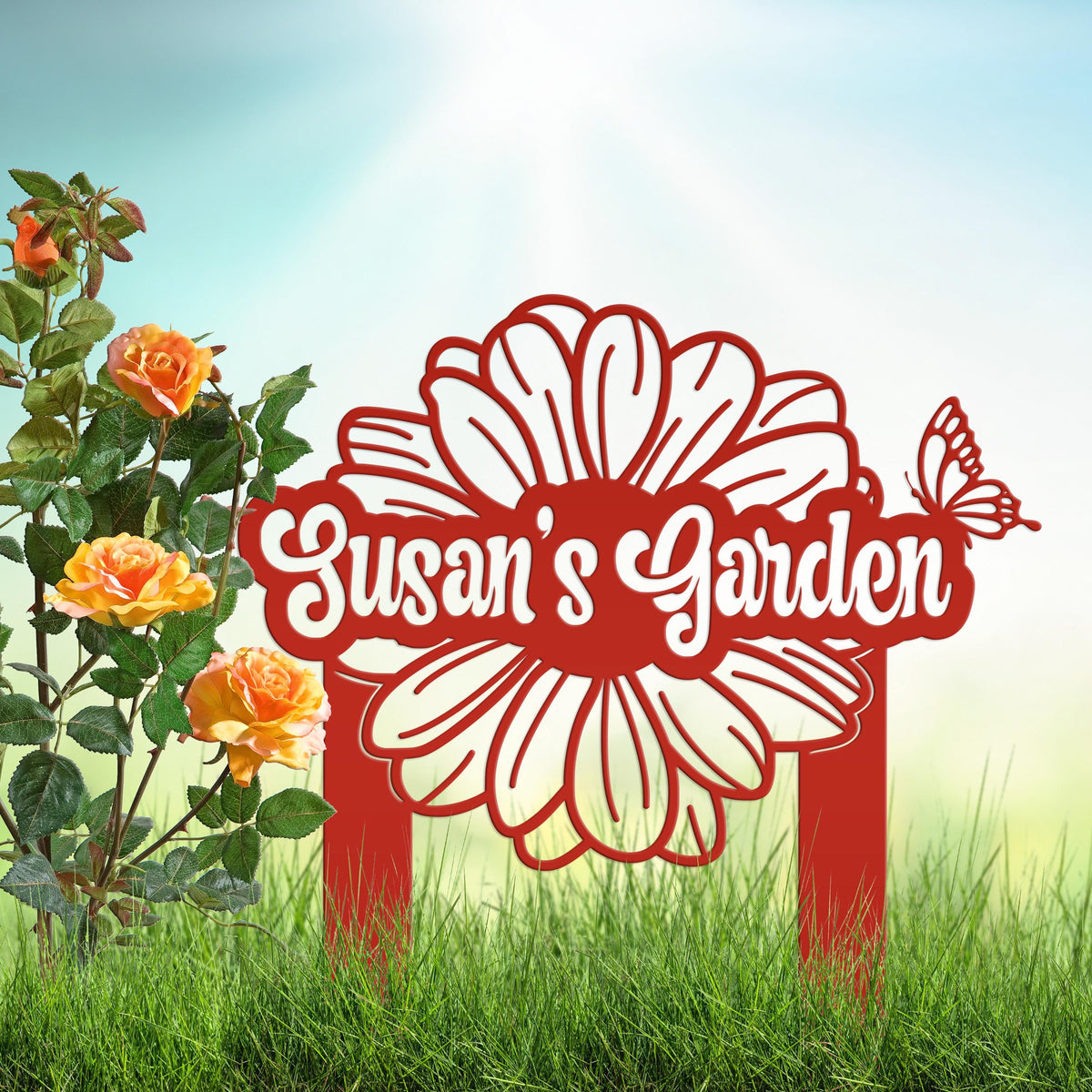 Custom Flower Yard Stake with Name- Personalized Flower and Butterfly Sign