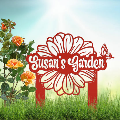 Custom Flower Yard Stake with Name- Personalized Flower and Butterfly Sign