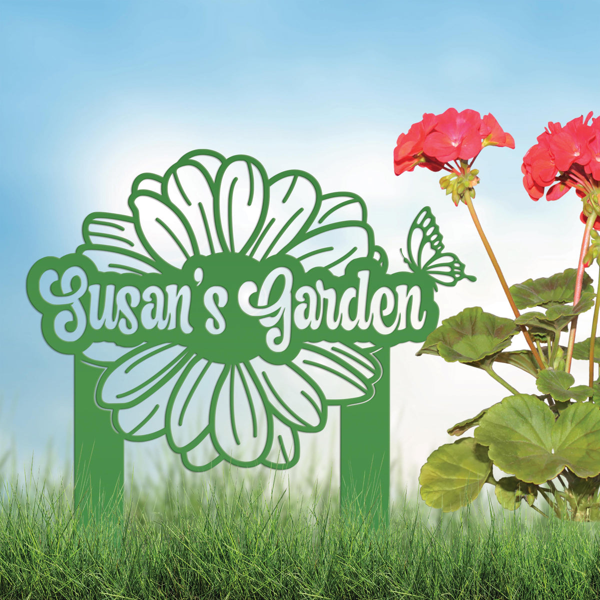 Custom Flower Yard Stake with Name- Personalized Flower and Butterfly Sign