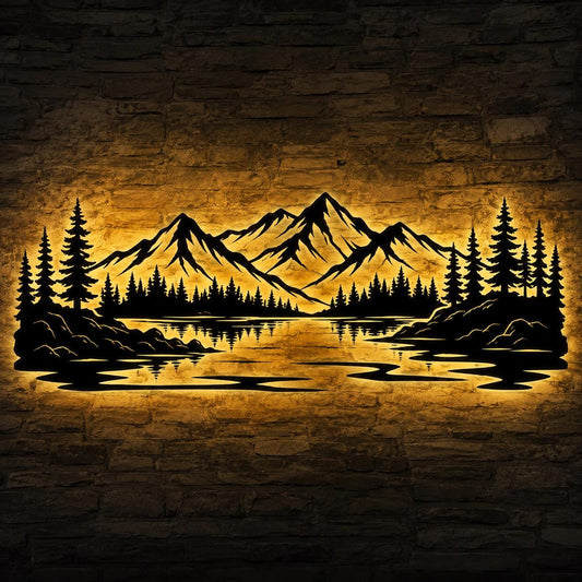 Mountain Forest LED Wall Art, Metal Pine Tree Lake Scene, Glowing Nature Decor, Lodge Cabin Wall