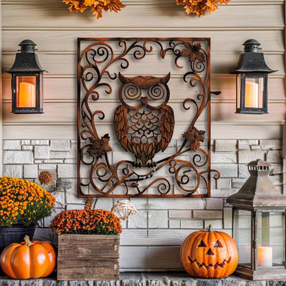 UV Printed Aluminum Owl Metal Wall Art, Rustic Woodland Botanical Decor