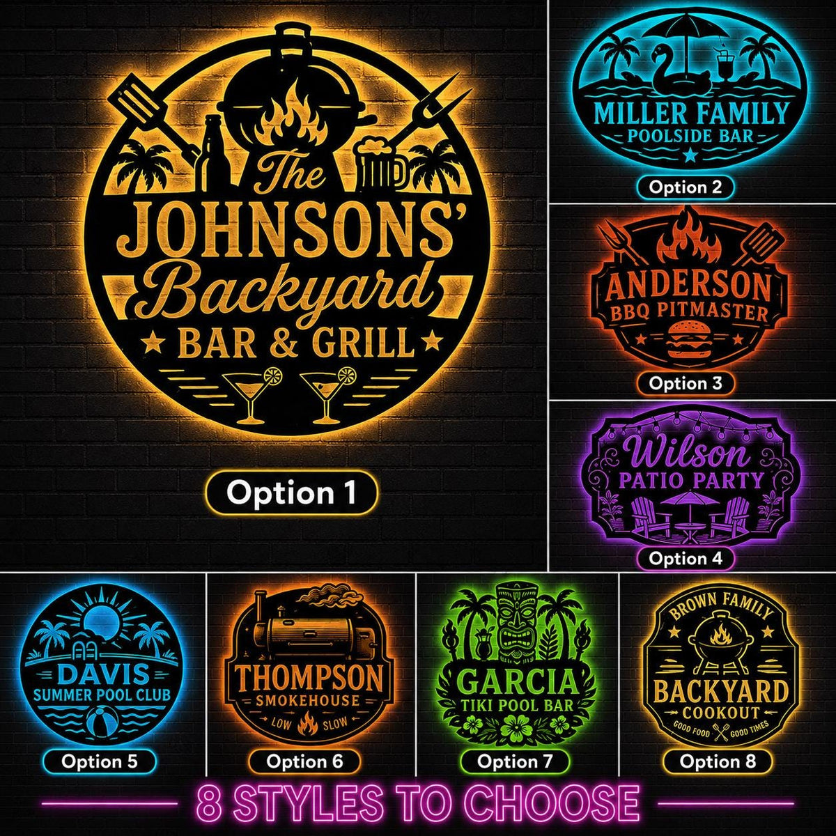 Custom Bar and Grill Metal Sign, Personalized LED Wall Decor for Backyard, Patio, BBQ Area or Outdoor Kitchen