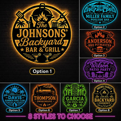 Custom Bar and Grill Metal Sign, Personalized LED Wall Decor for Backyard, Patio, BBQ Area or Outdoor Kitchen