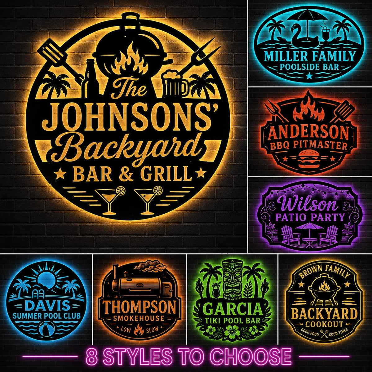 Custom Bar and Grill Metal Sign, Personalized LED Wall Decor for Backyard, Patio, BBQ Area or Outdoor Kitchen