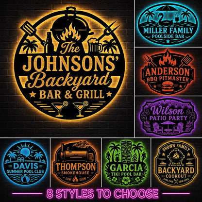Custom Bar and Grill Metal Sign, Personalized LED Wall Decor for Backyard, Patio, BBQ Area or Outdoor Kitchen