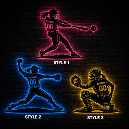Personalized Softball Wall Light, Custom Player Name Number Sign, Batter Pitcher Catcher Decor, Sports Bedroom Art