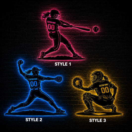 Personalized Softball Wall Light, Custom Player Name Number Sign, Batter Pitcher Catcher Decor, Sports Bedroom Art