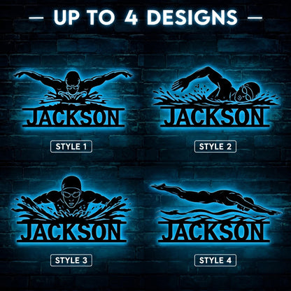 Custom Swimming LED Metal Sign, Personalized Swimmer Wall Art For Pool Room Swim Team Or Bedroom