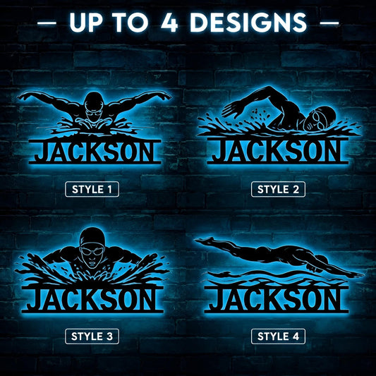 Custom Swimming LED Metal Sign, Personalized Swimmer Wall Art For Pool Room Swim Team Or Bedroom