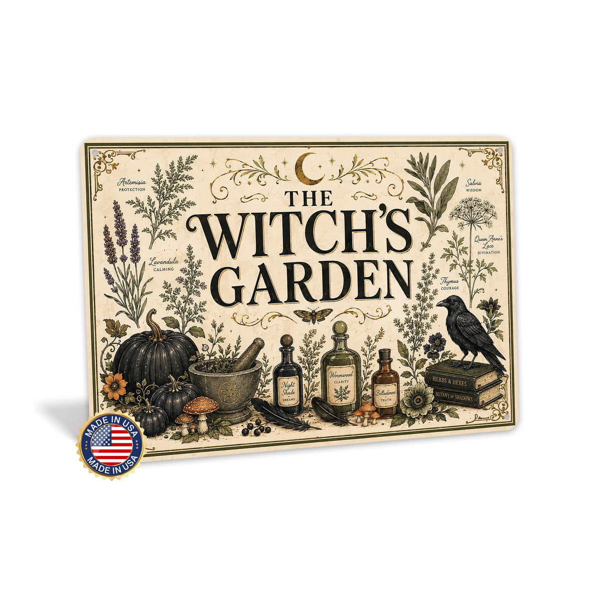 The Witch's Garden Metal Sign, Herbs, Potions, Crow Halloween Decor, Gothic Halloween, Potion Sign, Halloween Sign, Witch Garden, October