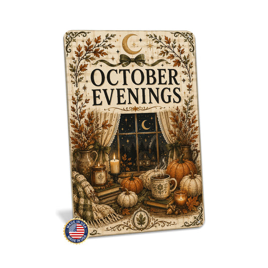 October Evenings Metal Sign, Fall Cottage Decor, Autumn Cottage, October Decor, Cozy Fall Decor, Fall Sign, Autumn Sign, Fall Wall Decor
