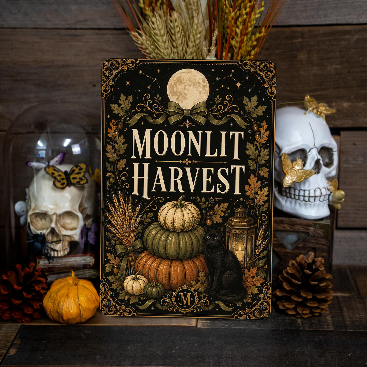 Moonlit Harvest Metal Sign, Black Cat Sign, Pumpkin Sign, Halloween Decor, Black Cat Decor, Spooky Season, October Decor, Fall Metal Sign